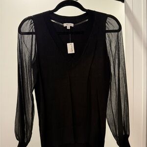 Reitmans Black V-Neck Knit Blouse with Sheer Sleeves